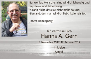 Traueranzeige von Hanns A. Gern von vrm-trauer