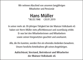 Traueranzeige von Hans Müller von vrm-trauer