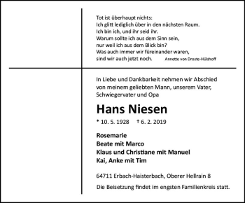Traueranzeige von Hans Niesen von vrm-trauer