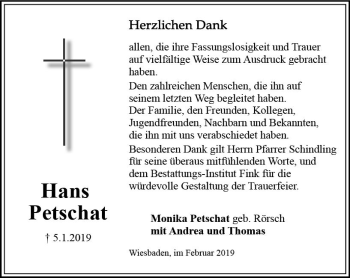 Traueranzeige von Hans Petschat von vrm-trauer