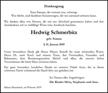 Traueranzeige von Hedwig Schmerbitz von vrm-trauer