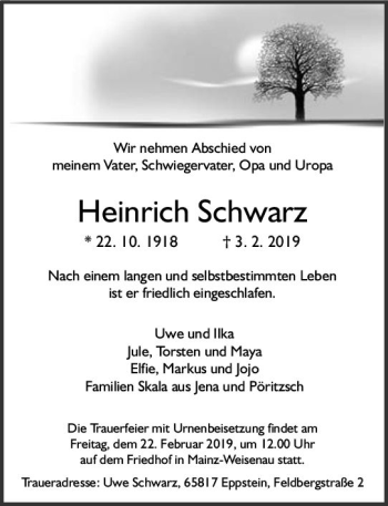 Traueranzeige von Heinrich Schwarz von vrm-trauer