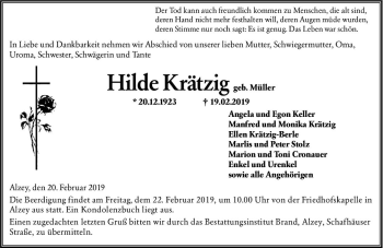 Traueranzeige von Hilde Krätzig von vrm-trauer