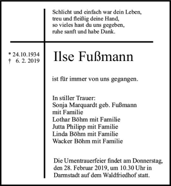 Traueranzeige von Ilse Fußmann von vrm-trauer