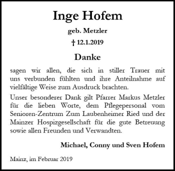 Traueranzeige von Inge Hofem von vrm-trauer