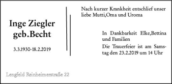 Traueranzeige von Inge Ziegler von vrm-trauer