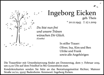 Traueranzeige von Ingeborg Eiken von vrm-trauer