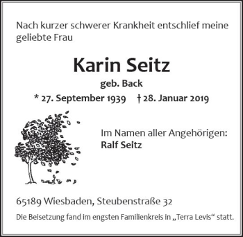 Traueranzeige von Karin Seitz von vrm-trauer