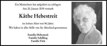 Traueranzeige von Käthe Hebestreit von vrm-trauer