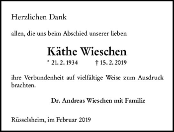 Traueranzeige von Käthe Wieschen von vrm-trauer