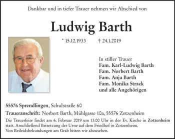 Traueranzeige von Ludwig Barth von vrm-trauer