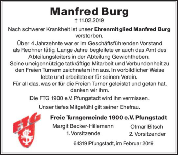 Traueranzeige von Manfred Burg von vrm-trauer