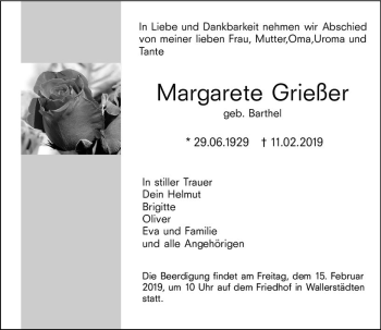 Traueranzeige von Margarete Grießer von vrm-trauer