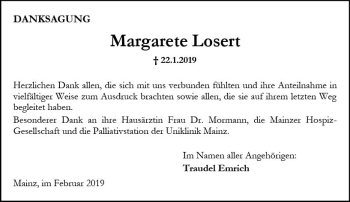 Traueranzeige von Margarete Losert von vrm-trauer