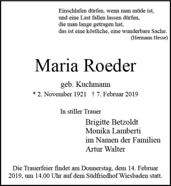 Traueranzeige von Maria Roeder von vrm-trauer