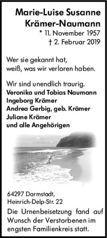 Traueranzeige von Marie-Luise Susanne Krämer-Naumann von vrm-trauer
