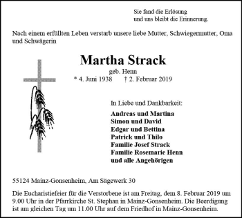 Traueranzeige von Martha Strack von vrm-trauer