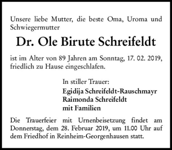 Traueranzeige von Ole Birute Schreifeldt von vrm-trauer