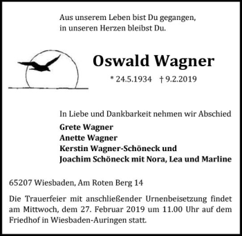Traueranzeige von Oswald Wagner von vrm-trauer