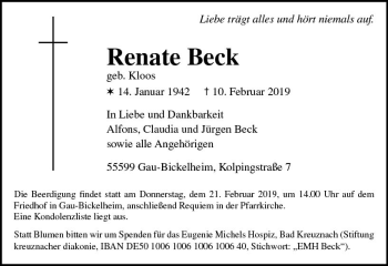 Traueranzeige von Renate Beck von vrm-trauer