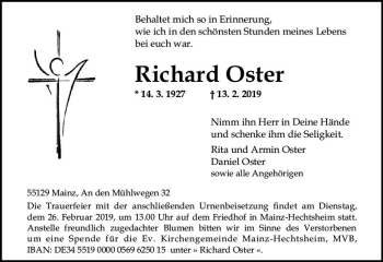 Traueranzeige von Richard Oster von vrm-trauer
