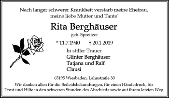 Traueranzeige von Rita Berghäuser von vrm-trauer
