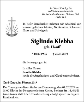 Traueranzeige von Siglinde Klebba von vrm-trauer