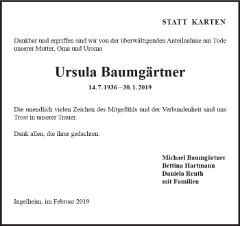 Traueranzeige von Ursula Baumgärtner von vrm-trauer