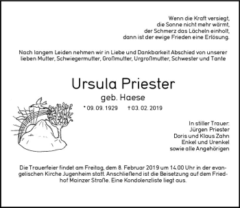 Traueranzeige von Ursula Priester von vrm-trauer