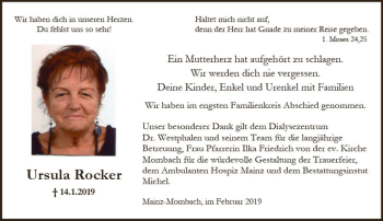 Traueranzeige von Ursula Rocker von vrm-trauer