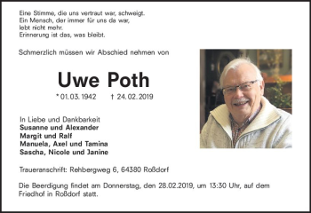 Traueranzeige von Uwe Poth von vrm-trauer