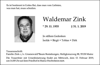 Traueranzeige von Waldemar Zink von vrm-trauer