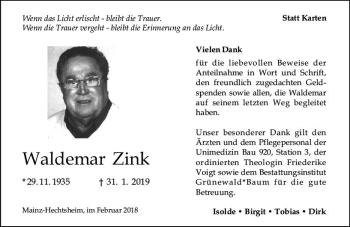 Traueranzeige von Waldemar Zink von vrm-trauer