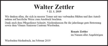 Traueranzeige von Walter Zettler von vrm-trauer