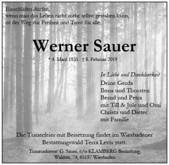 Traueranzeige von Werner Sauer von vrm-trauer