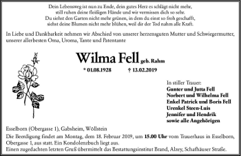 Traueranzeige von Wilma Fell von vrm-trauer