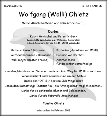 Traueranzeige von Wolfgang Ohletz von vrm-trauer