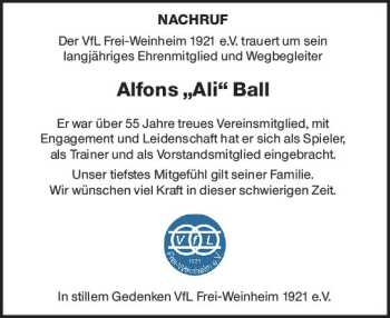 Traueranzeige von Alfons Ali Ball von vrm-trauer
