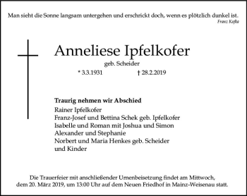 Traueranzeige von Anneliese Ipfelkofer von vrm-trauer
