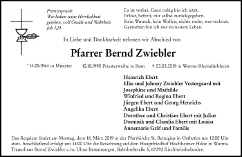 Traueranzeige von Bernd Zwiebler von vrm-trauer