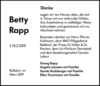 Traueranzeige von Betty Rapp von vrm-trauer