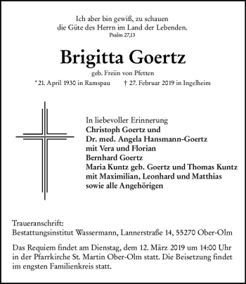 Traueranzeige von Brigitta Goertz von vrm-trauer