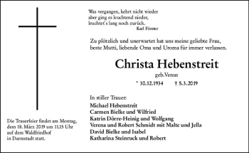 Traueranzeige von Christa Hebenstreit von vrm-trauer