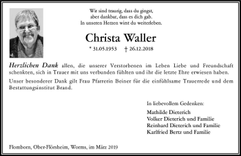 Traueranzeige von Christa Waller von vrm-trauer