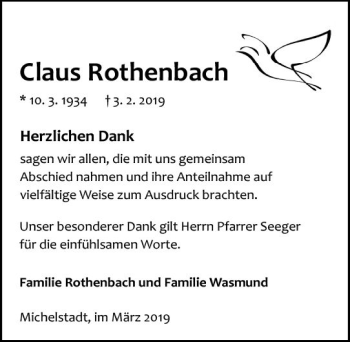 Traueranzeige von Claus Rothenbach von vrm-trauer