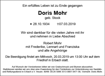 Traueranzeige von Doris Mohr von vrm-trauer