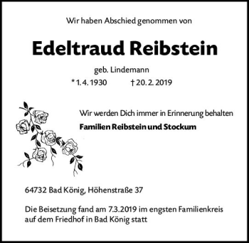 Traueranzeige von Edeltraud Reibstein von vrm-trauer