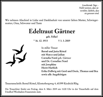 Traueranzeige von Edeltraut Gärtner von vrm-trauer