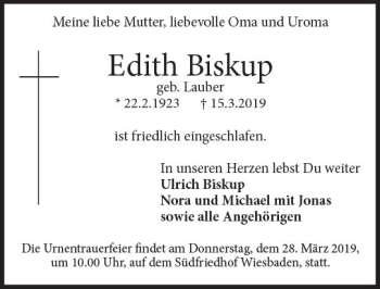 Traueranzeige von Edith Biskup von vrm-trauer
