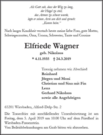 Traueranzeige von Elfriede Wagner von vrm-trauer